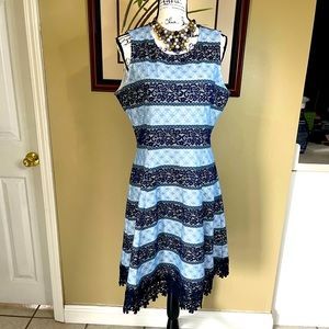 Donna Ricco Blue Lace Fit and Flare Dress and Necklace Size 8